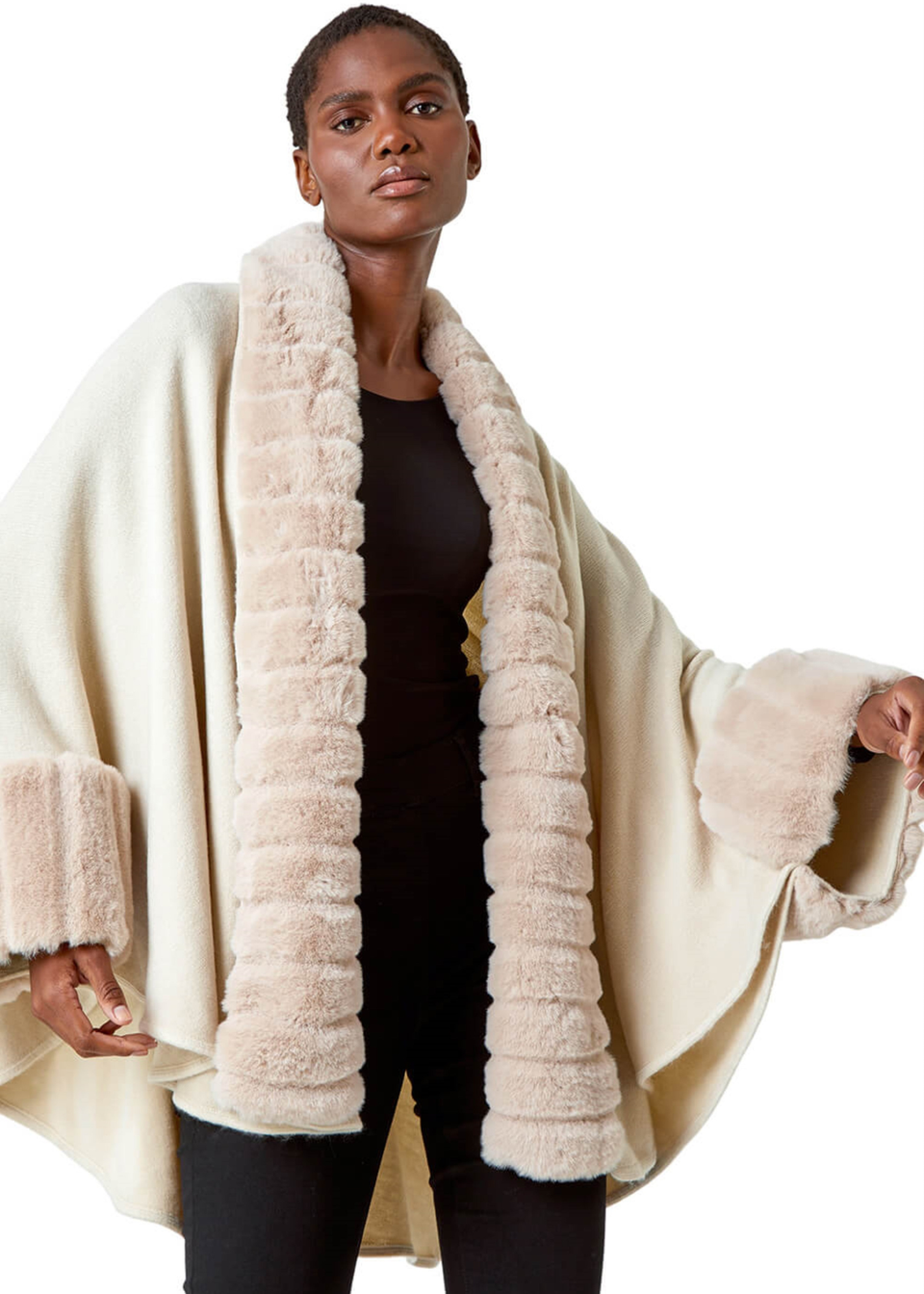 Roman Natural One Size Faux Fur Trim Knitted Poncho