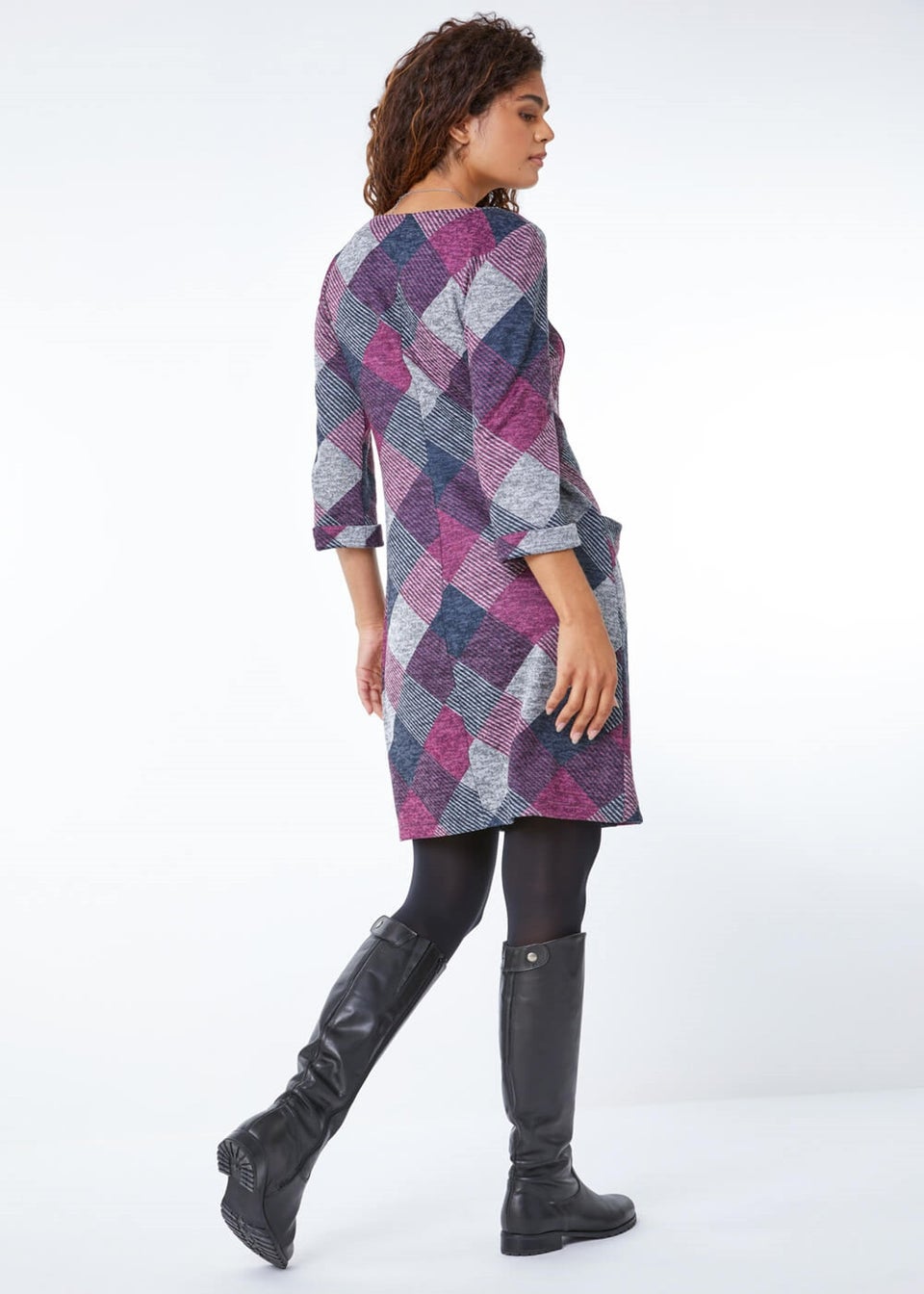 Roman Pink Check Print Pocket Shift Dress