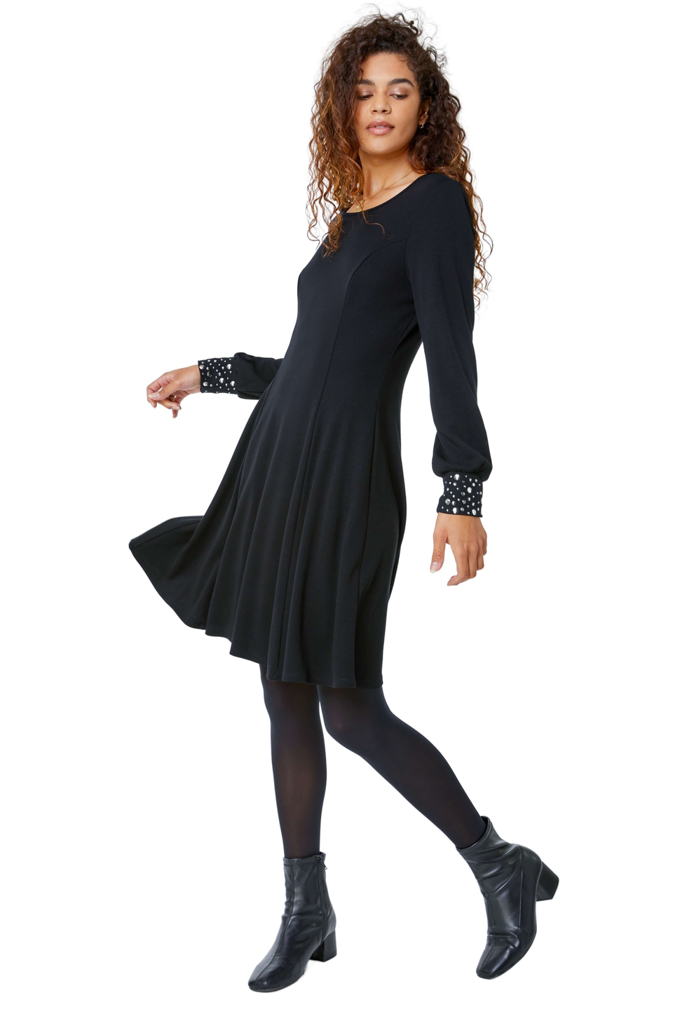 Roman Black Embellished Cuff Skater Dress Matalan