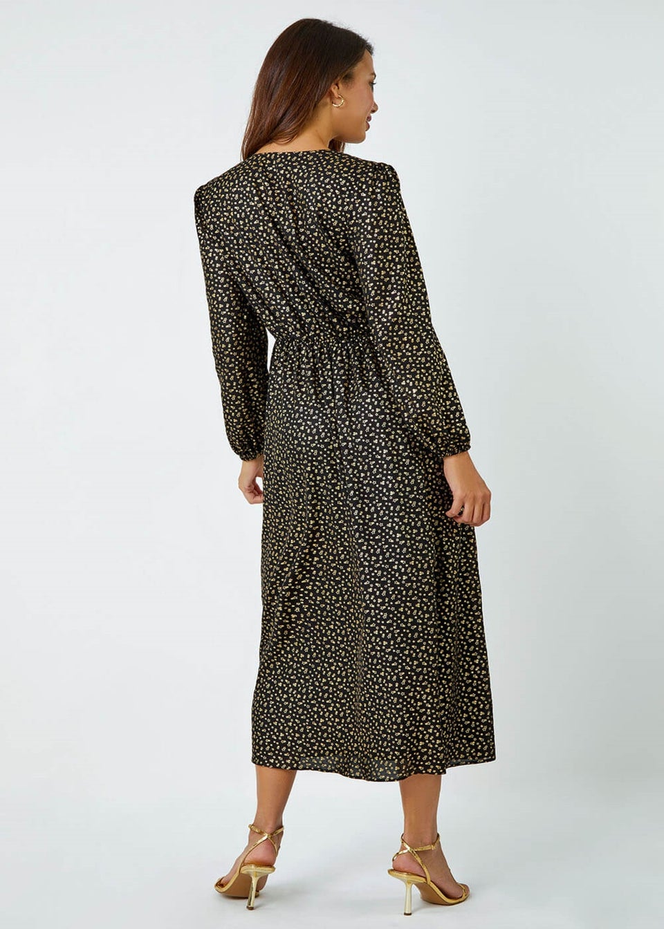 Roman Black Metallic Star Print Corsage Midi Wrap Dress