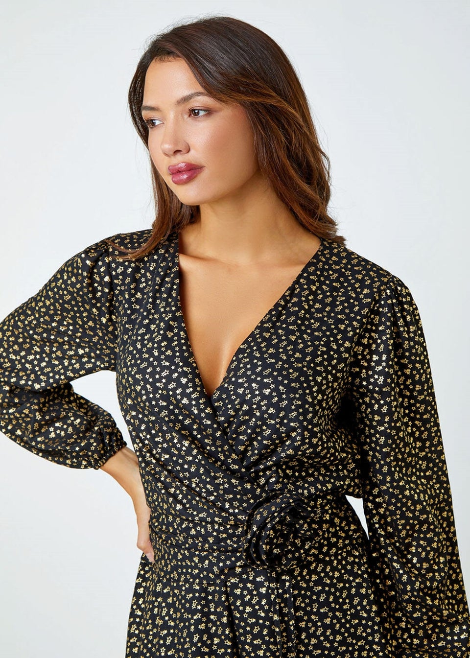 Roman Black Metallic Star Print Corsage Midi Wrap Dress