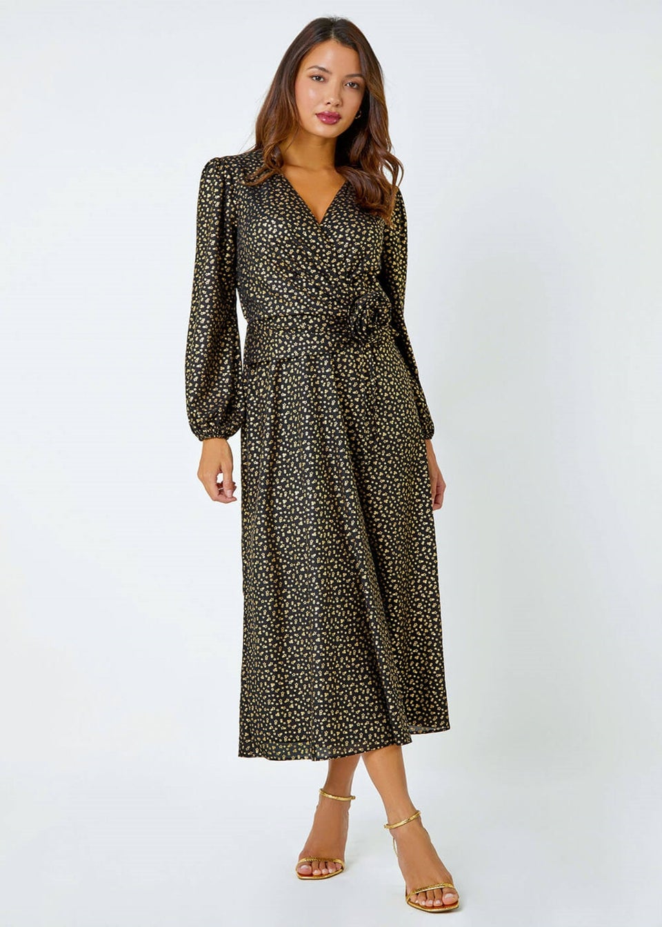 Roman Black Metallic Star Print Corsage Midi Wrap Dress