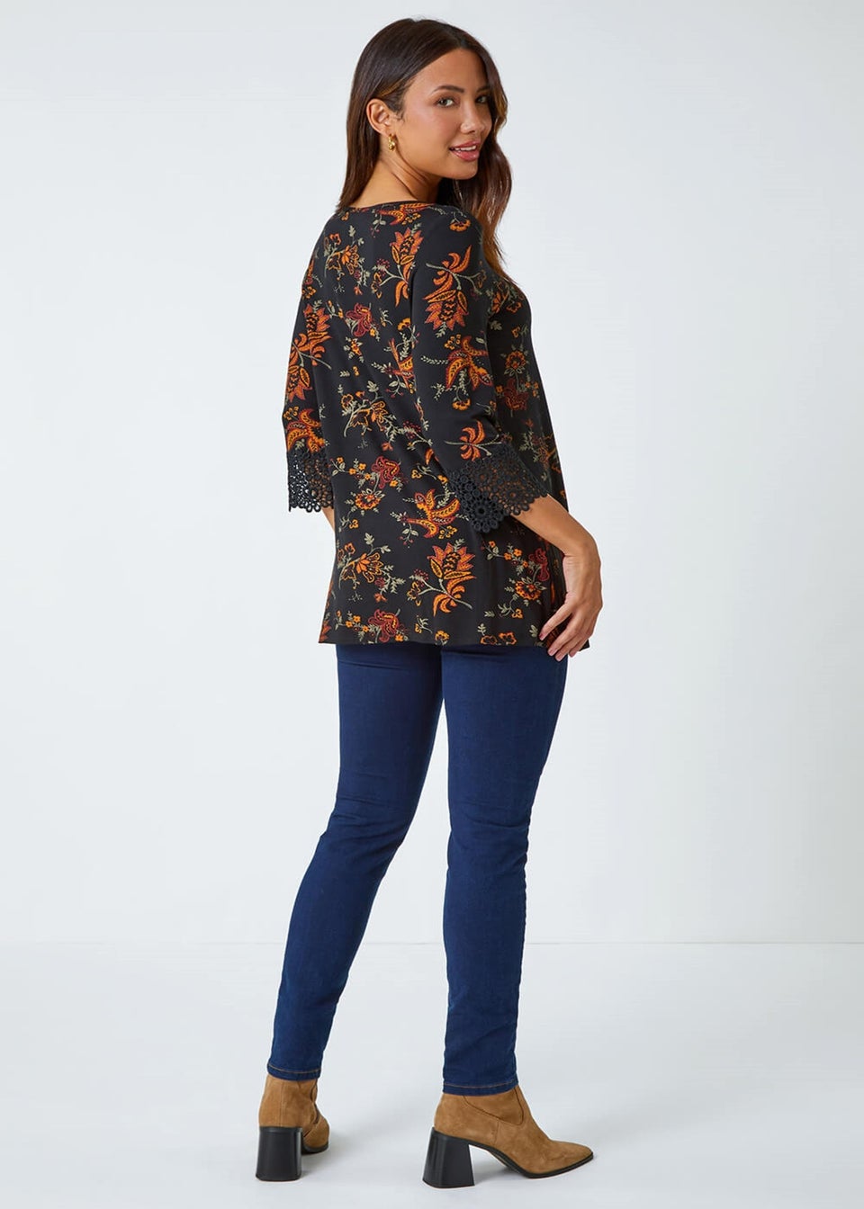 Roman Ochre Paisley Print Lace Trim Stretch Top