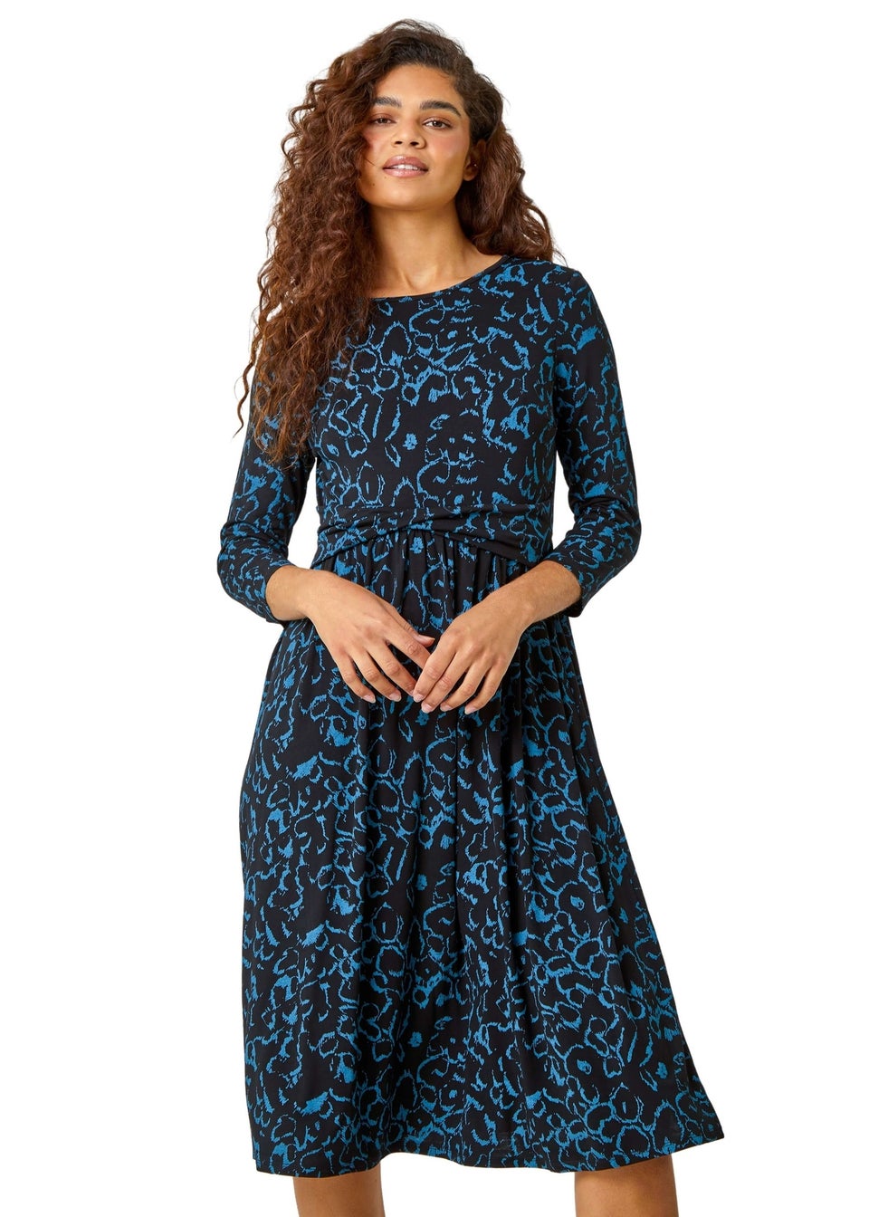 Roman Blue Twist Waist Animal Print Stretch Dress
