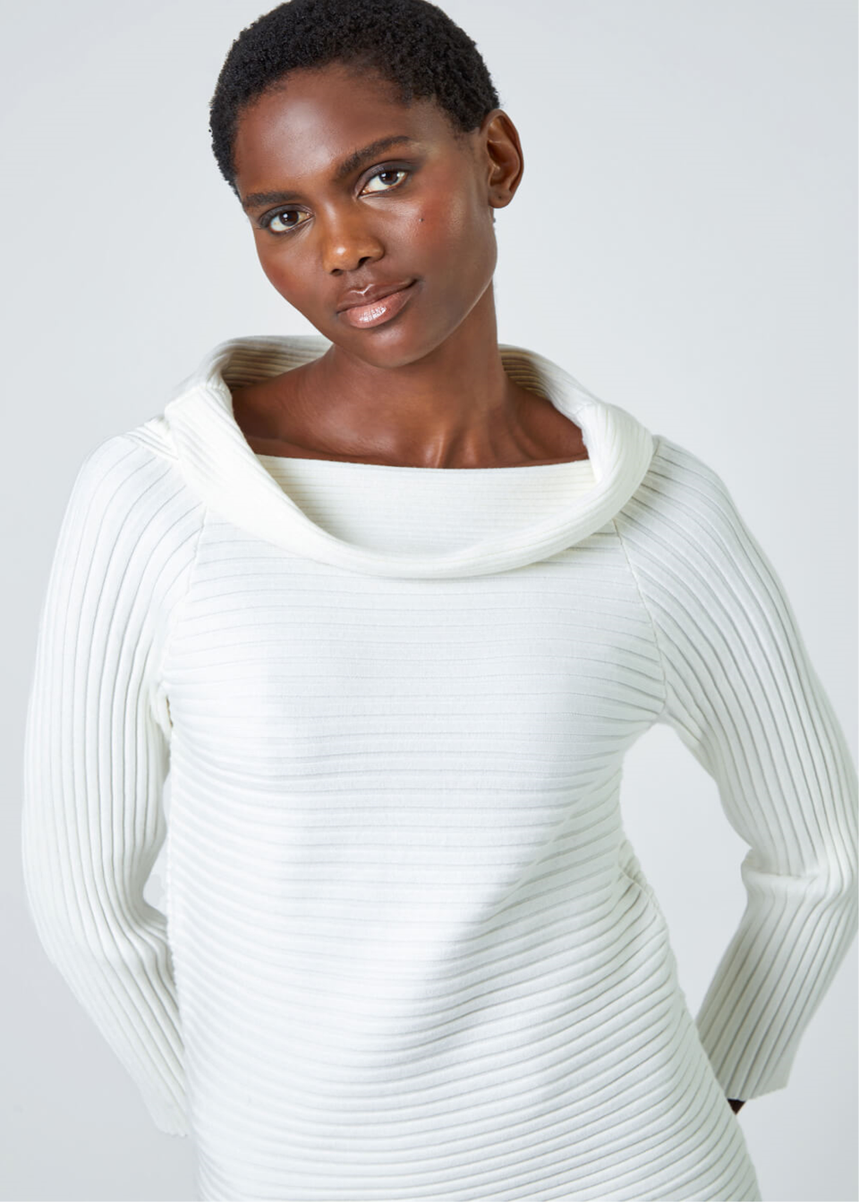 Roman Ivory Ribbed Cowl Neck Stretch Jumper