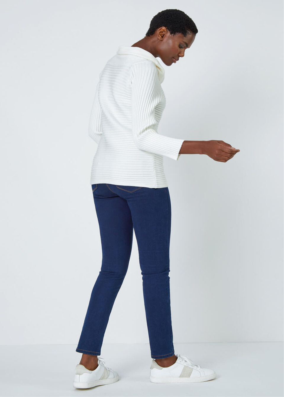 Roman Ivory Ribbed Cowl Neck Stretch Jumper