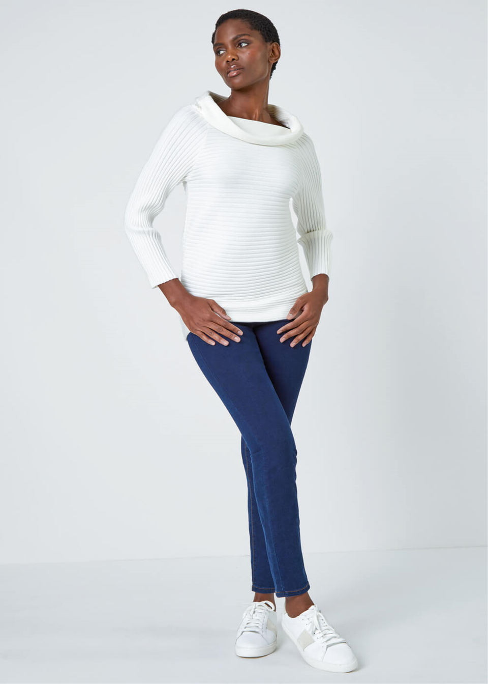 Roman Ivory Ribbed Cowl Neck Stretch Jumper