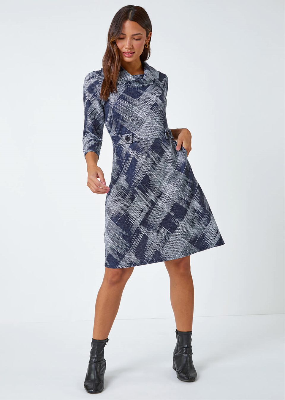 Roman Navy Abstract Cowl Neck Stretch Dress