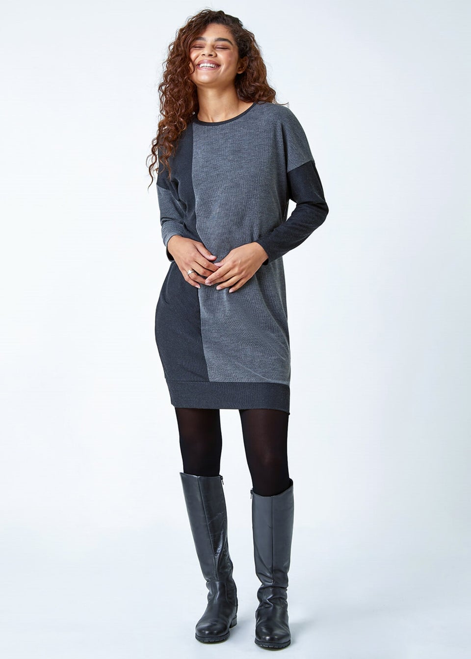 Roman Grey Colour Block Stretch Jumper Dress