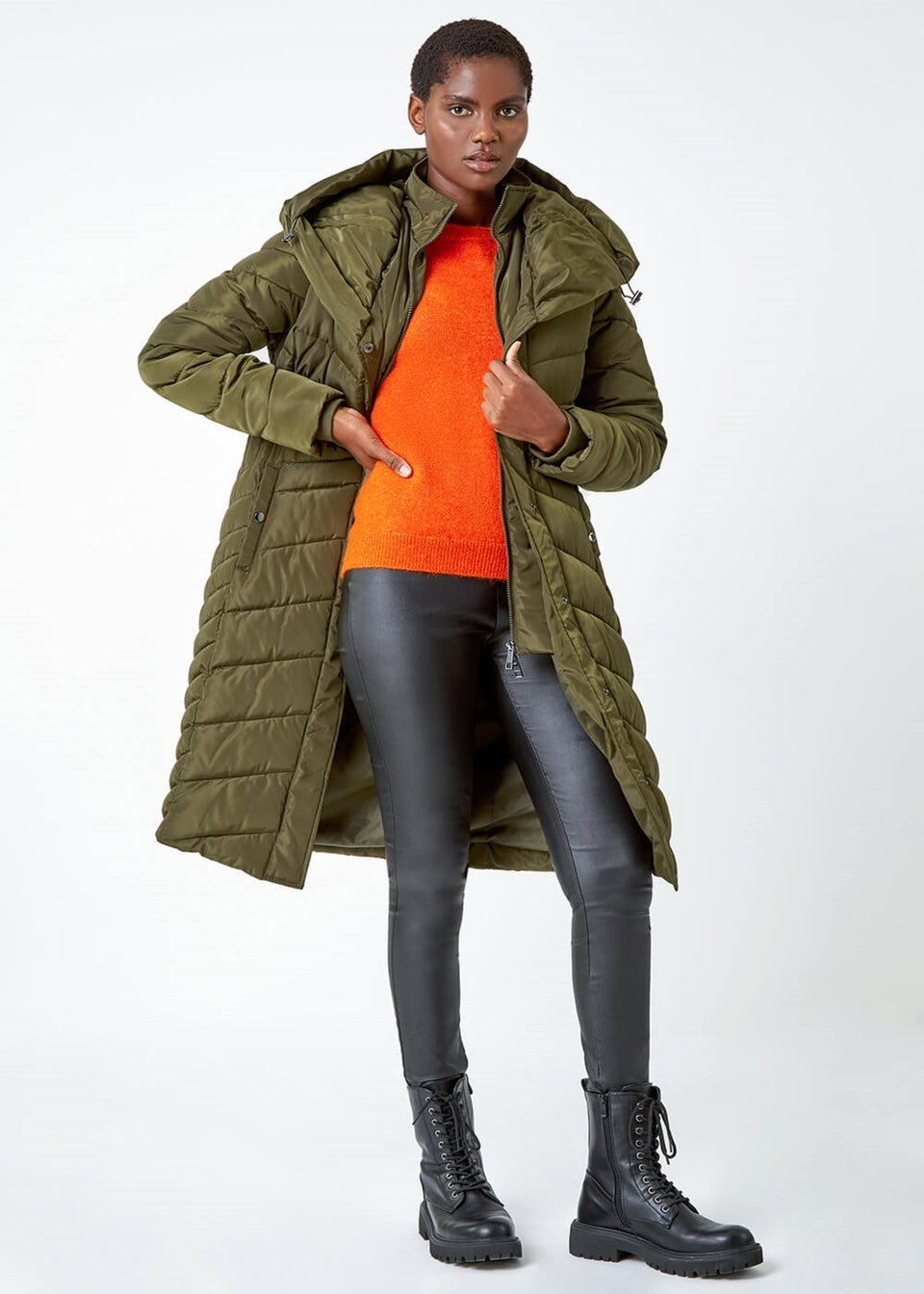 Khaki Hooded Quilted Longline Coat