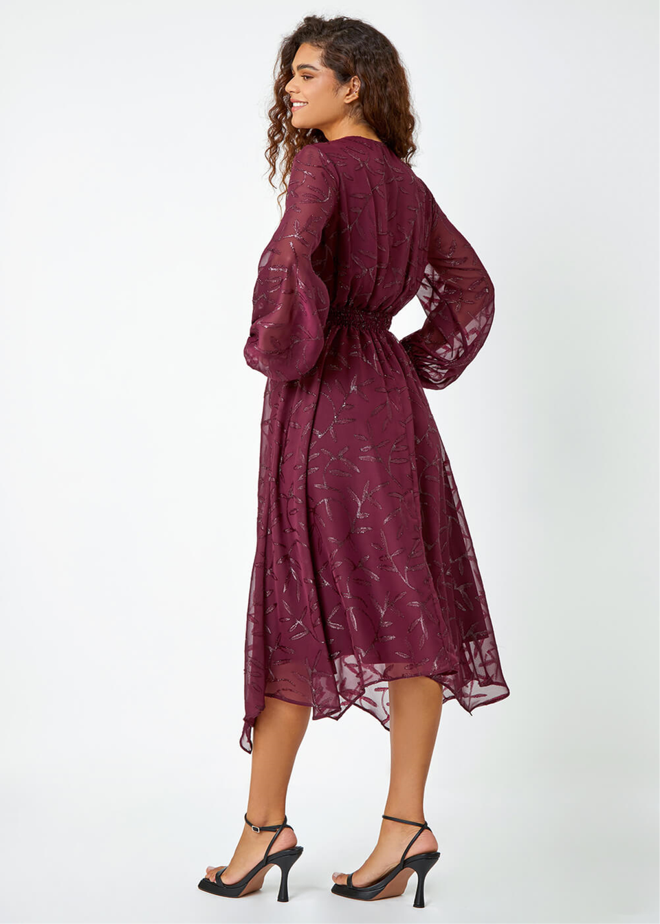 Roman Wine Textured Floral Print Twist Front Midi Dress