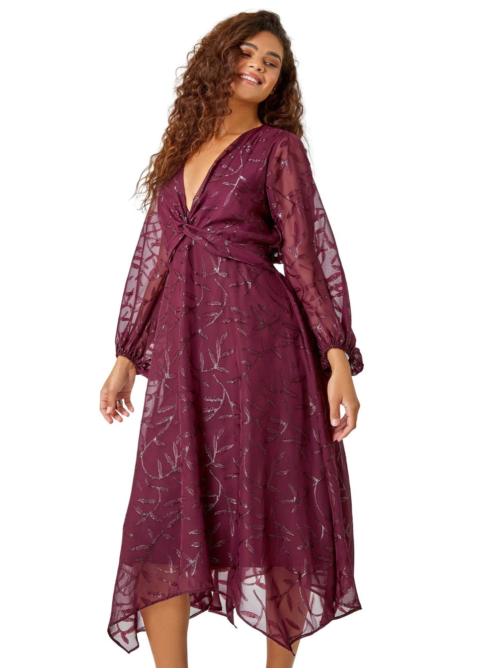 Roman Wine Textured Floral Print Twist Front Midi Dress