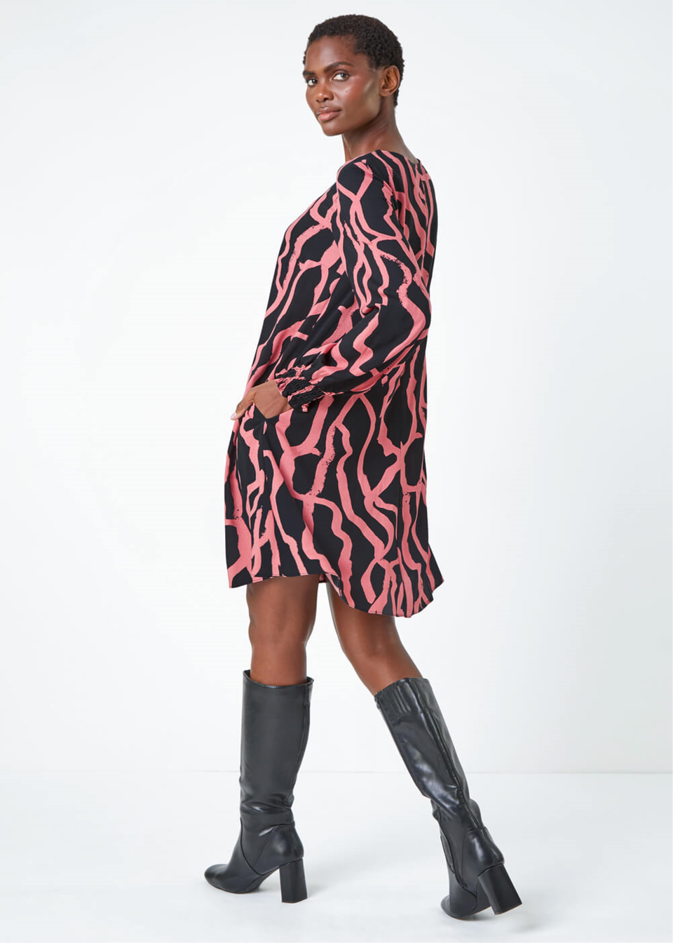 Roman Rose Abstract Line Print Swing Dress