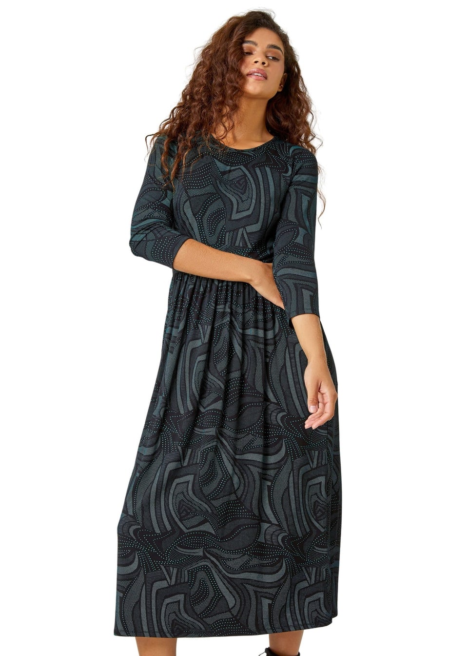 Roman Green Abstract Print Pocket Midi Stretch Dress