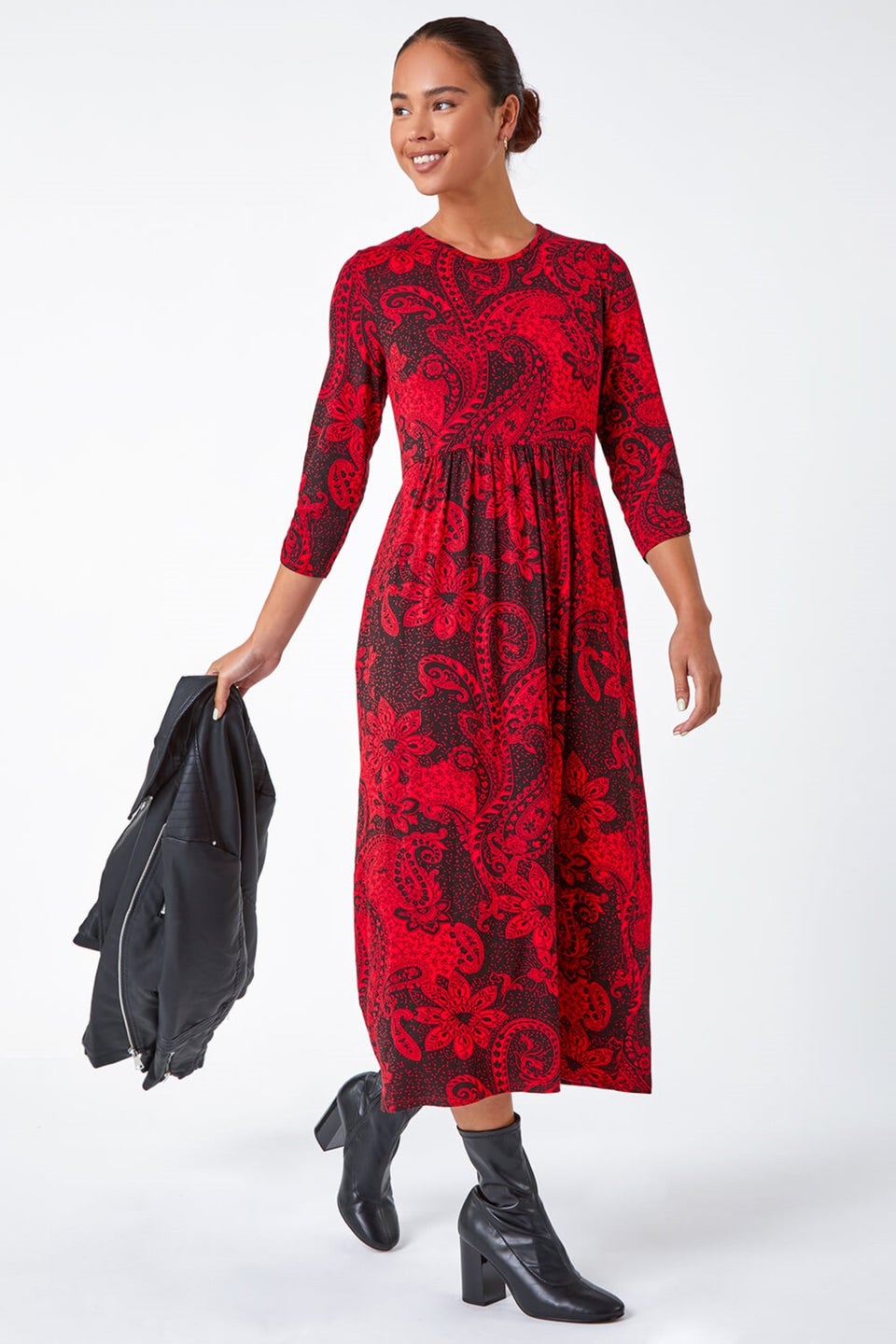 Roman Petite Red Paisley Print Midi Stretch Dress