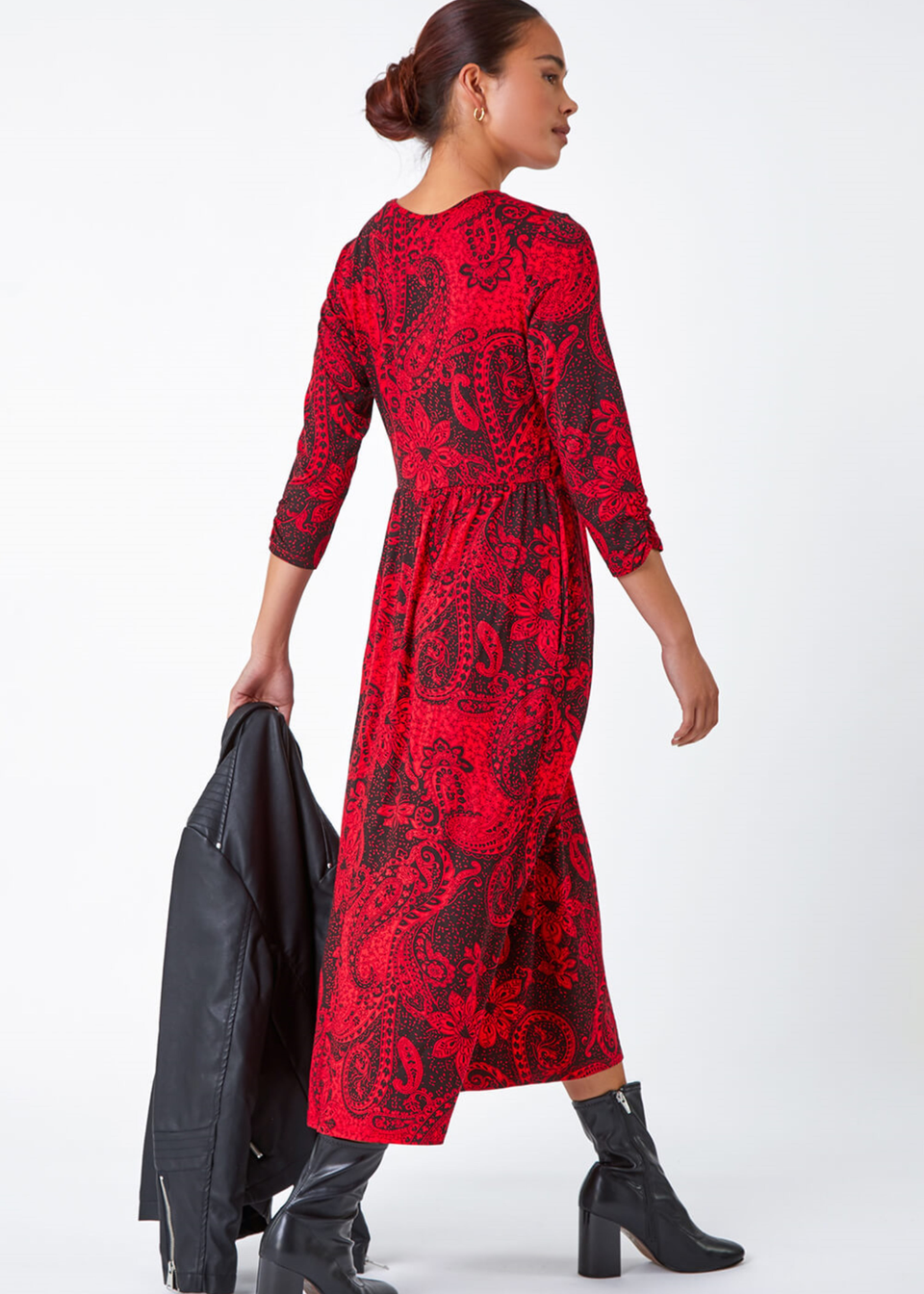 Roman Petite Red Paisley Print Midi Stretch Dress
