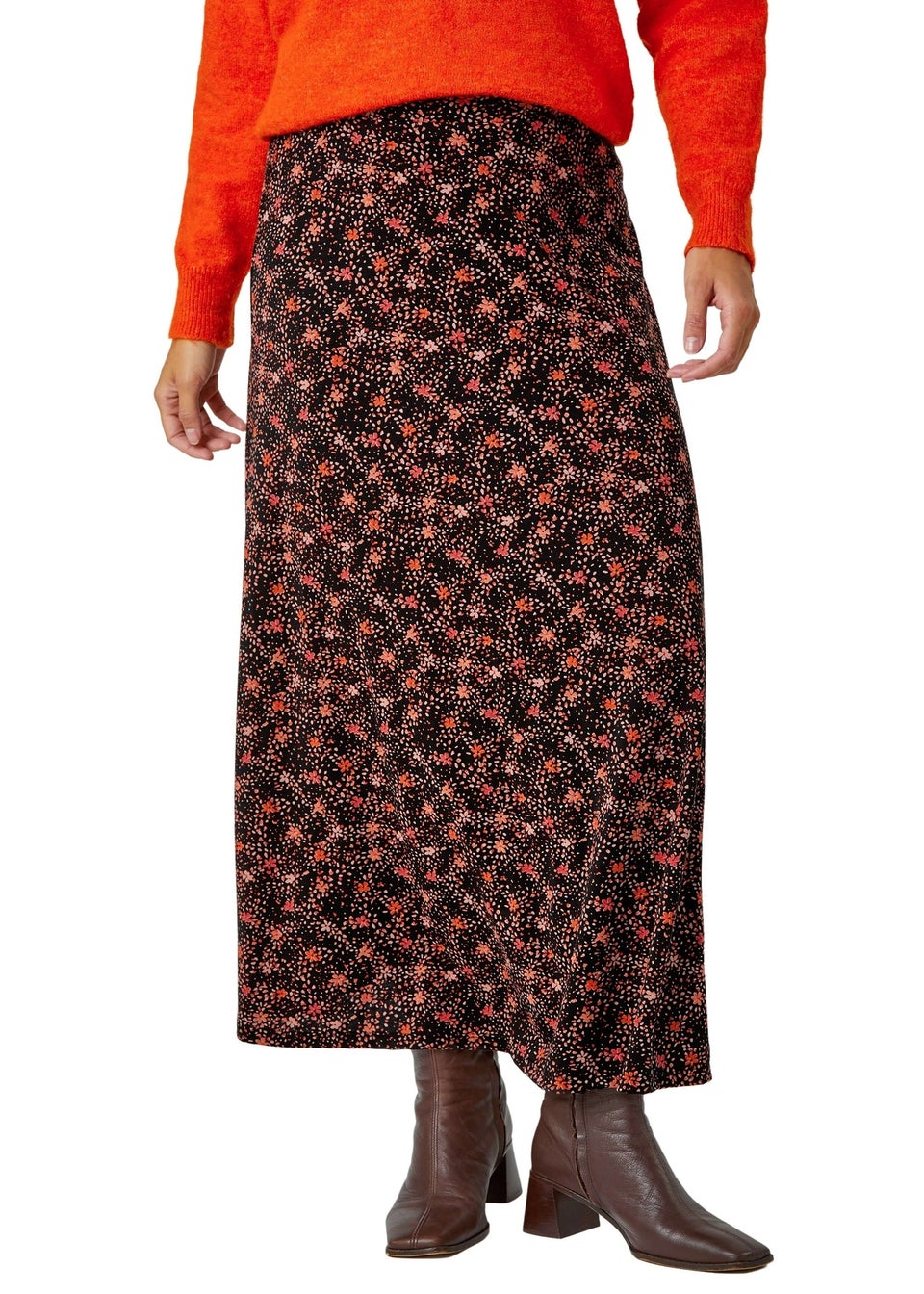 Roman Chocolate Cotton Blend Ditsy Print Midi Skirt