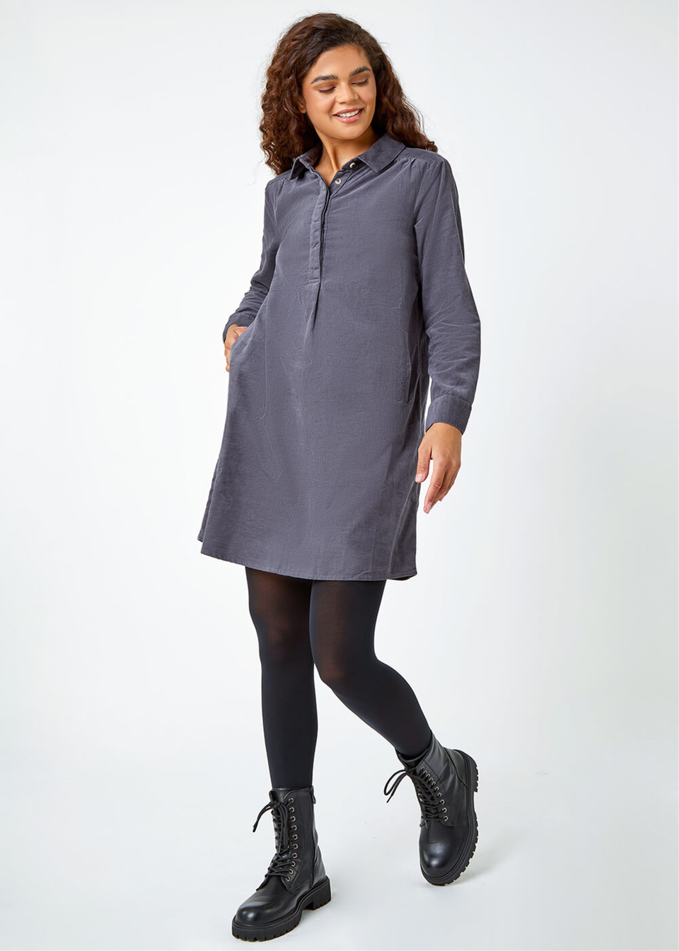 Roman Dark Grey Corduroy Tunic Shirt Dress