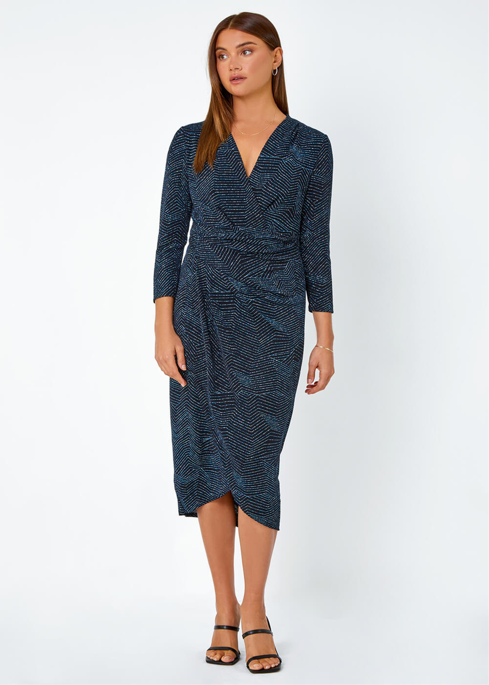 Roman Royal Blue Glitter Print Wrap Midi Stretch Dress