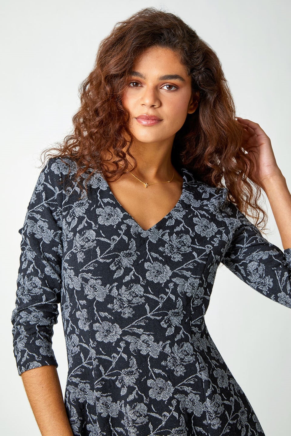 Roman Black Rose Print Cotton Blend Stretch Dress