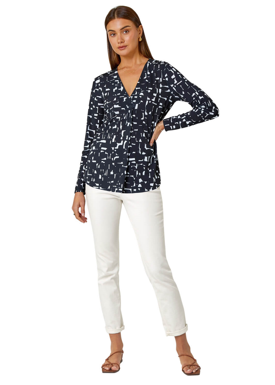 Roman Black Geometric V-Neck Pleat Detail Stretch Top