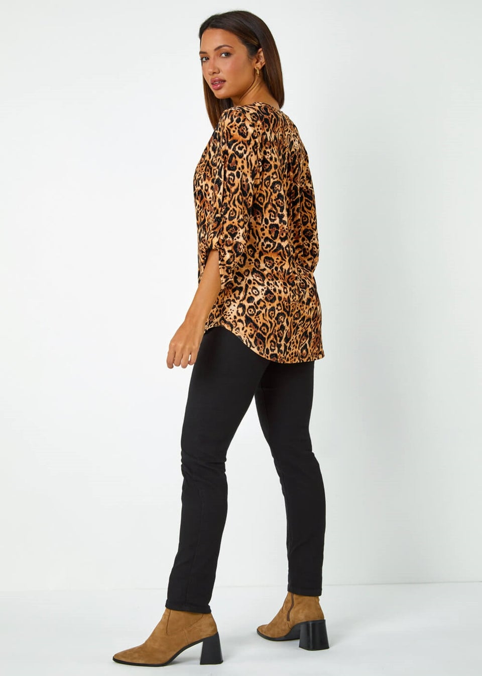 Roman Natural Animal Print Button Detail Stretch Top