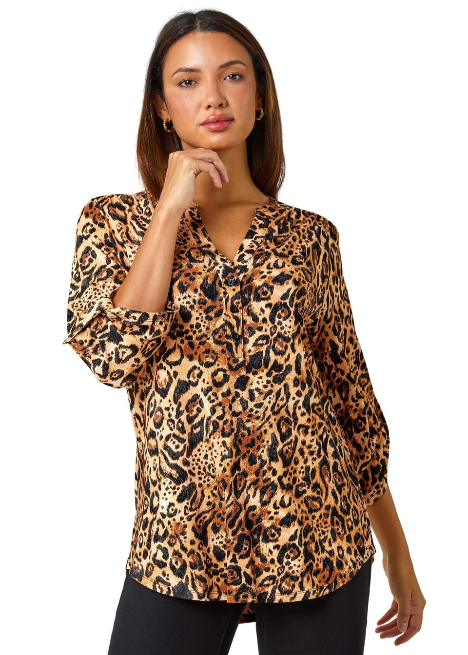 Roman Natural Animal Print Button Detail Stretch Top