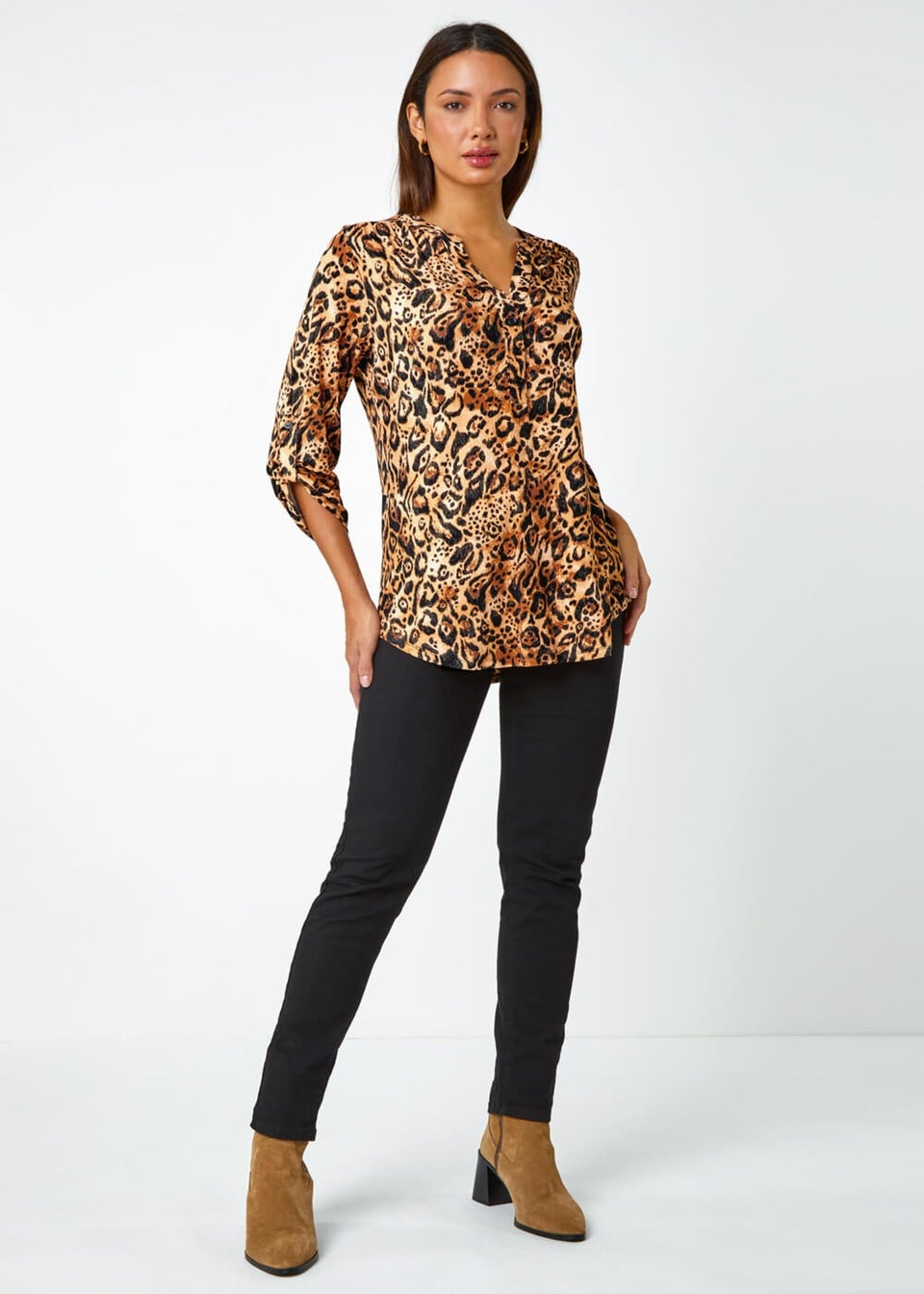 Roman Natural Animal Print Button Detail Stretch Top