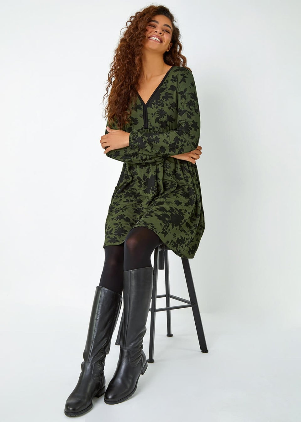 Roman Khaki Floral Contrast Trim Stretch Dress