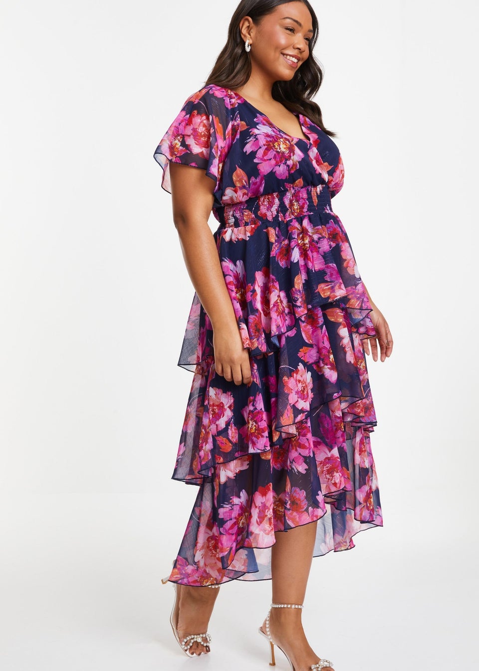 Quiz Pink Curve Floral Dip Hem Tiered Midi Dress - Matalan