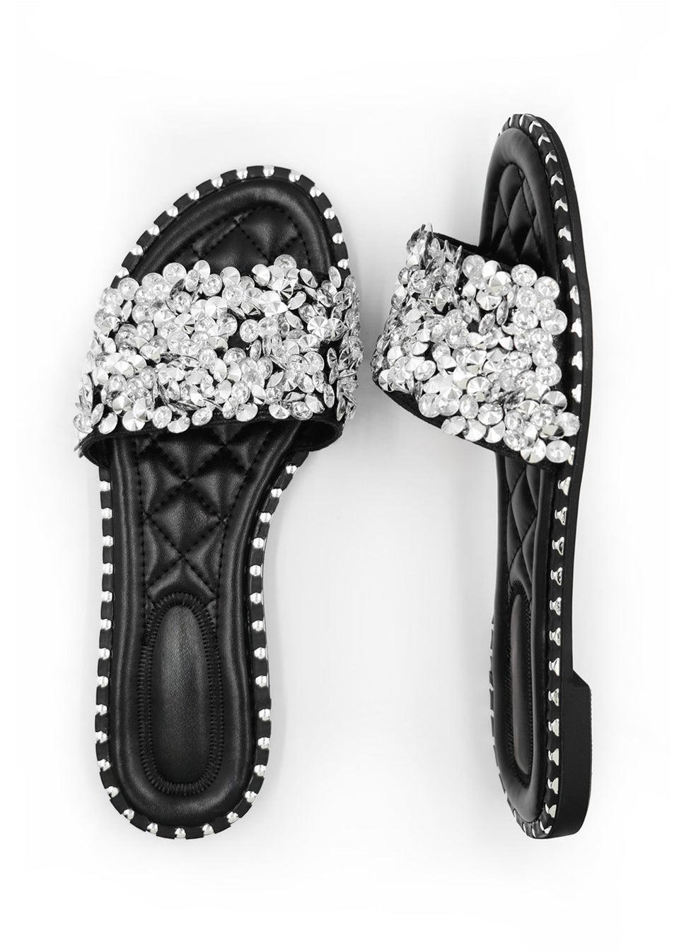 Where's That From Black Belle Diamante Sparkly Flat Sliders