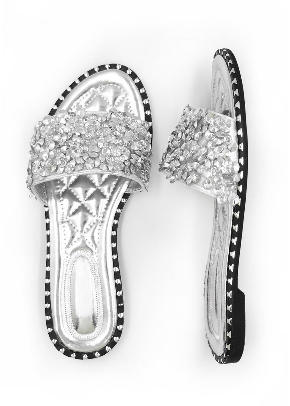 Where's That From Silver Belle Diamante Sparkly Flat Sliders