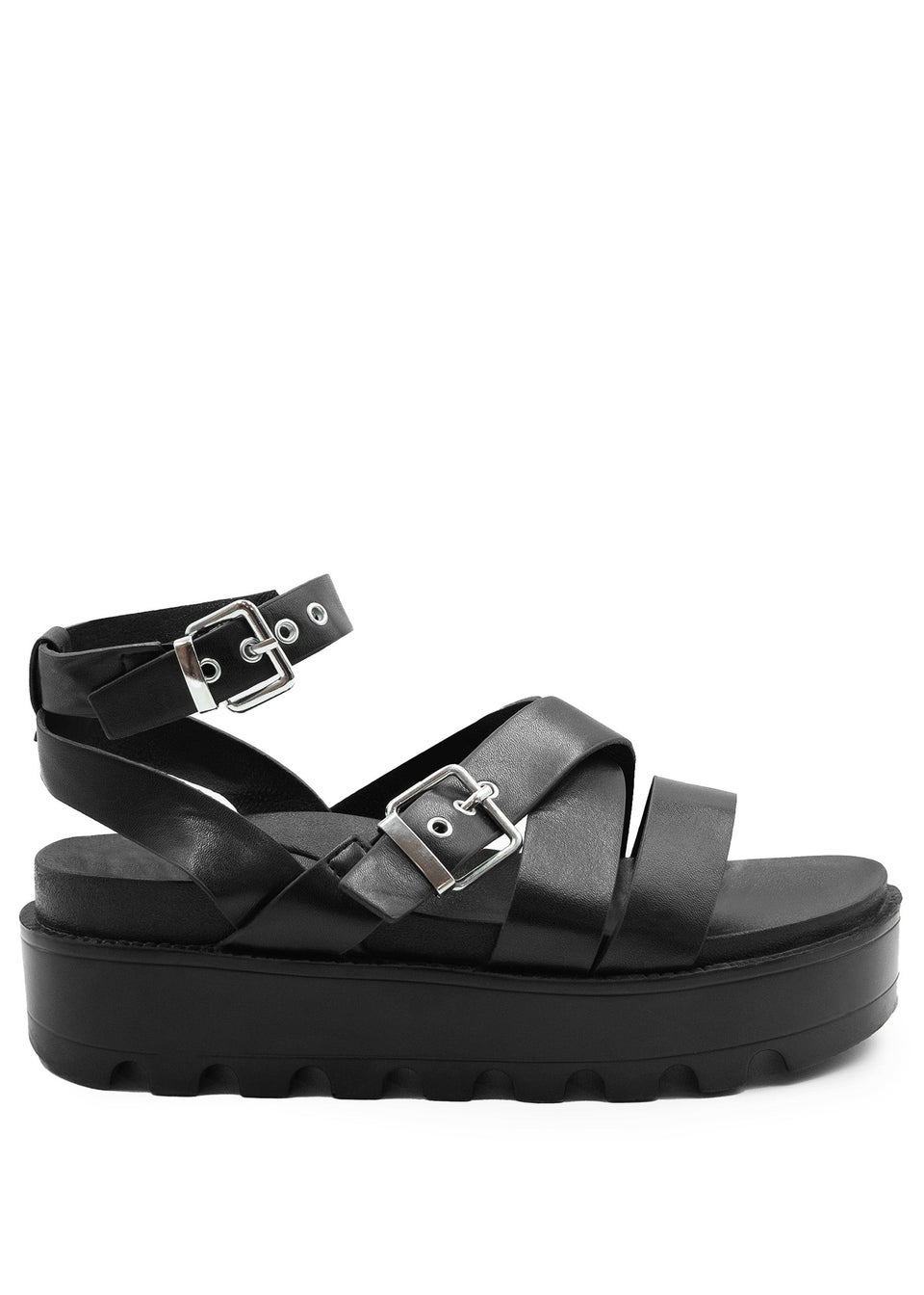 Where's That From Black Pu Layla Buckle Strap Platform Sandals