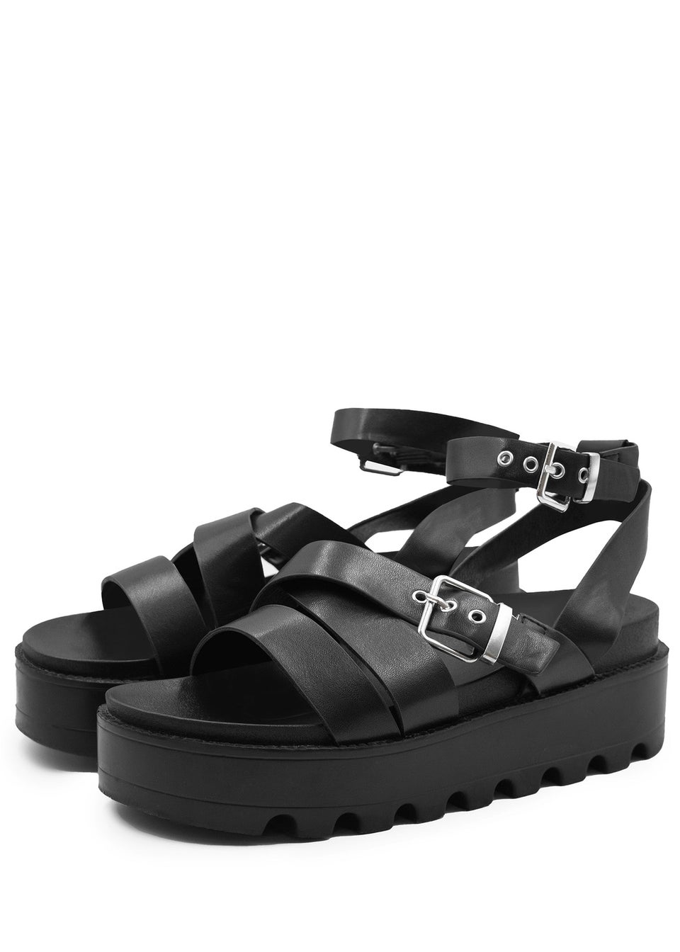 Where's That From Black Pu Layla Buckle Strap Platform Sandals
