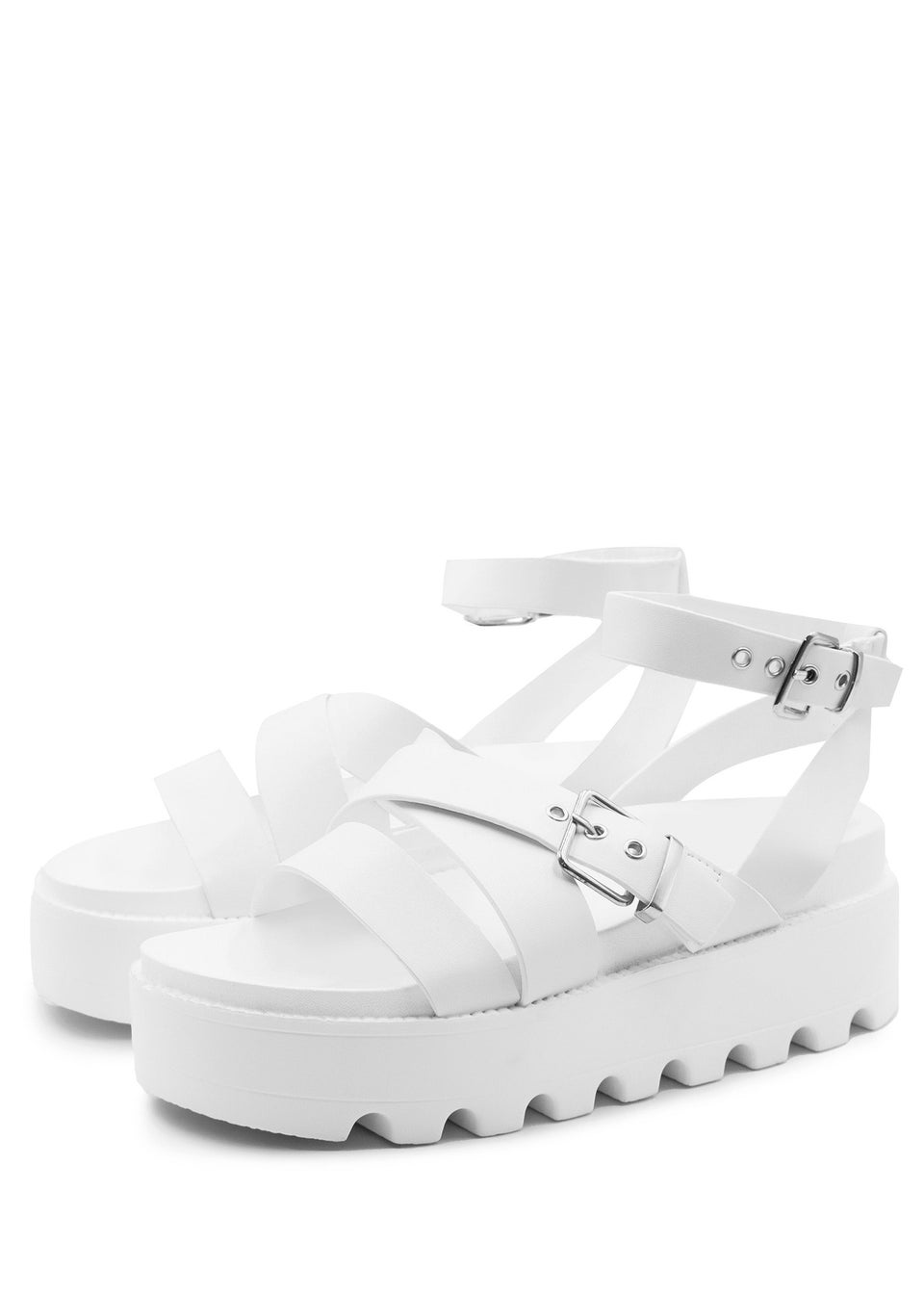 Where's That From White Pu Layla Buckle Strap Platform Sandals
