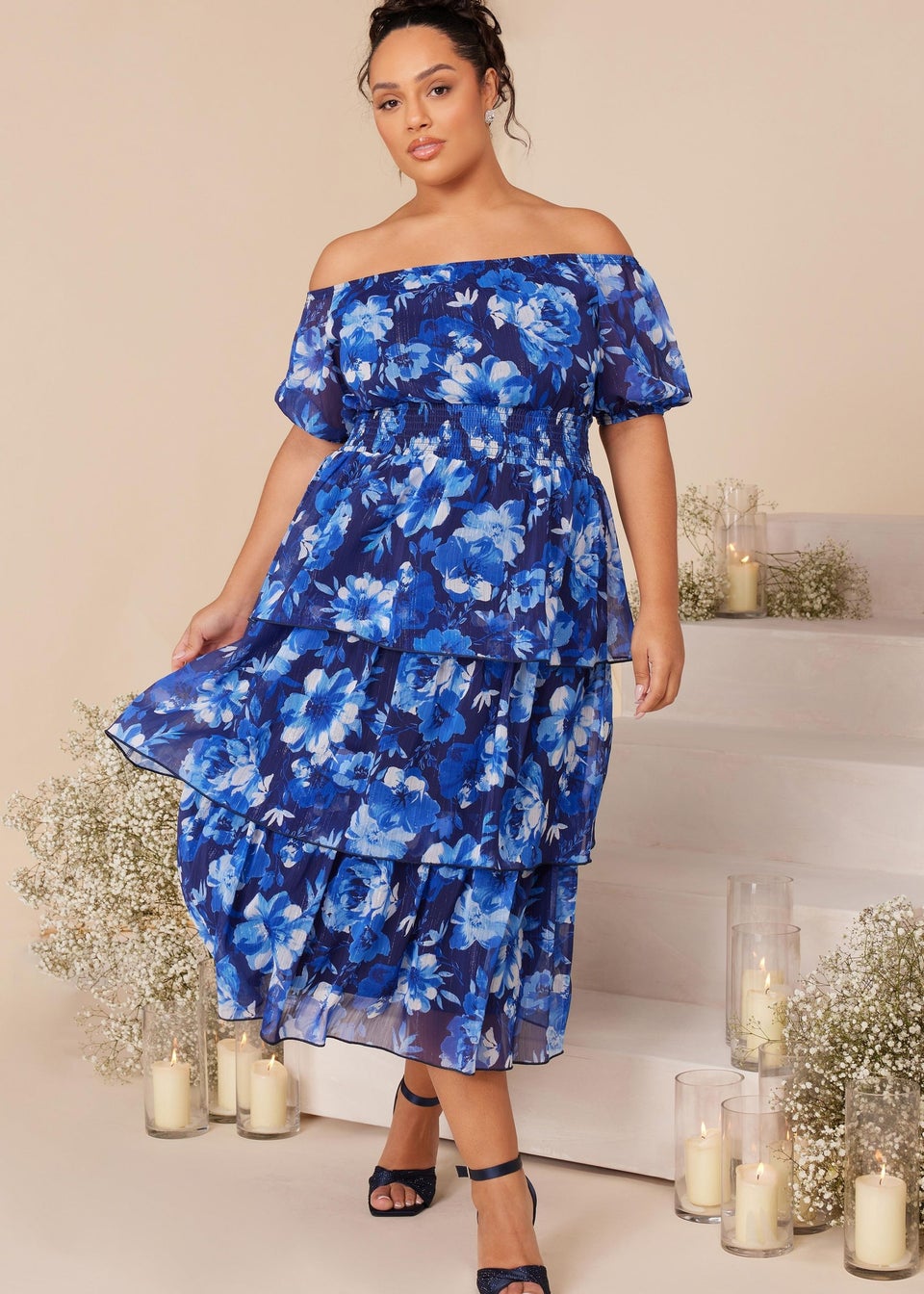Quiz Blue Curve Chiffon Floral Bardot Midi Dress - Matalan