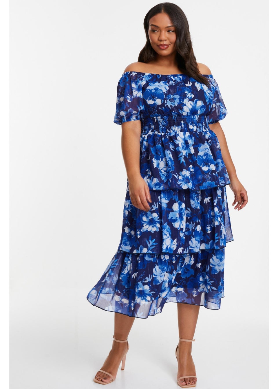 Quiz Blue Curve Chiffon Floral Bardot Midi Dress