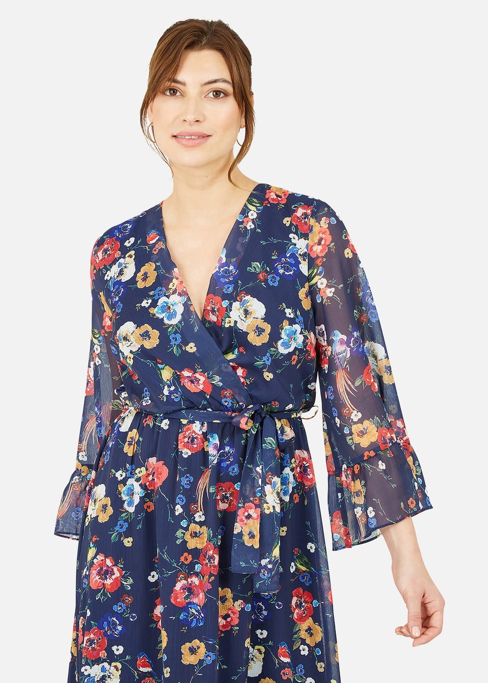 Yumi Navy Bird And Floral Print Wrap Dress