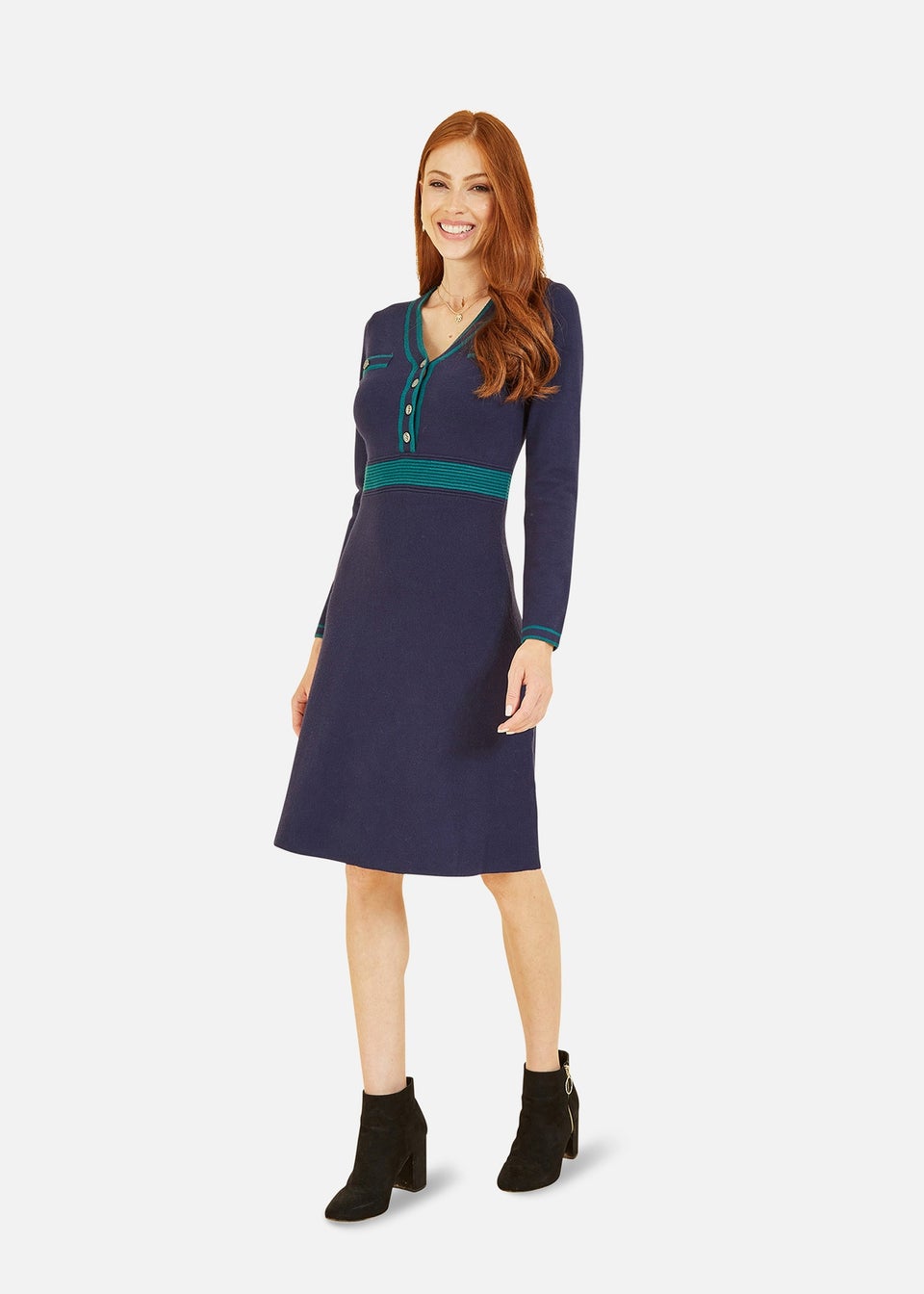 Yumi Navy Knitted Dress With Contrast Waistband and Button Detail