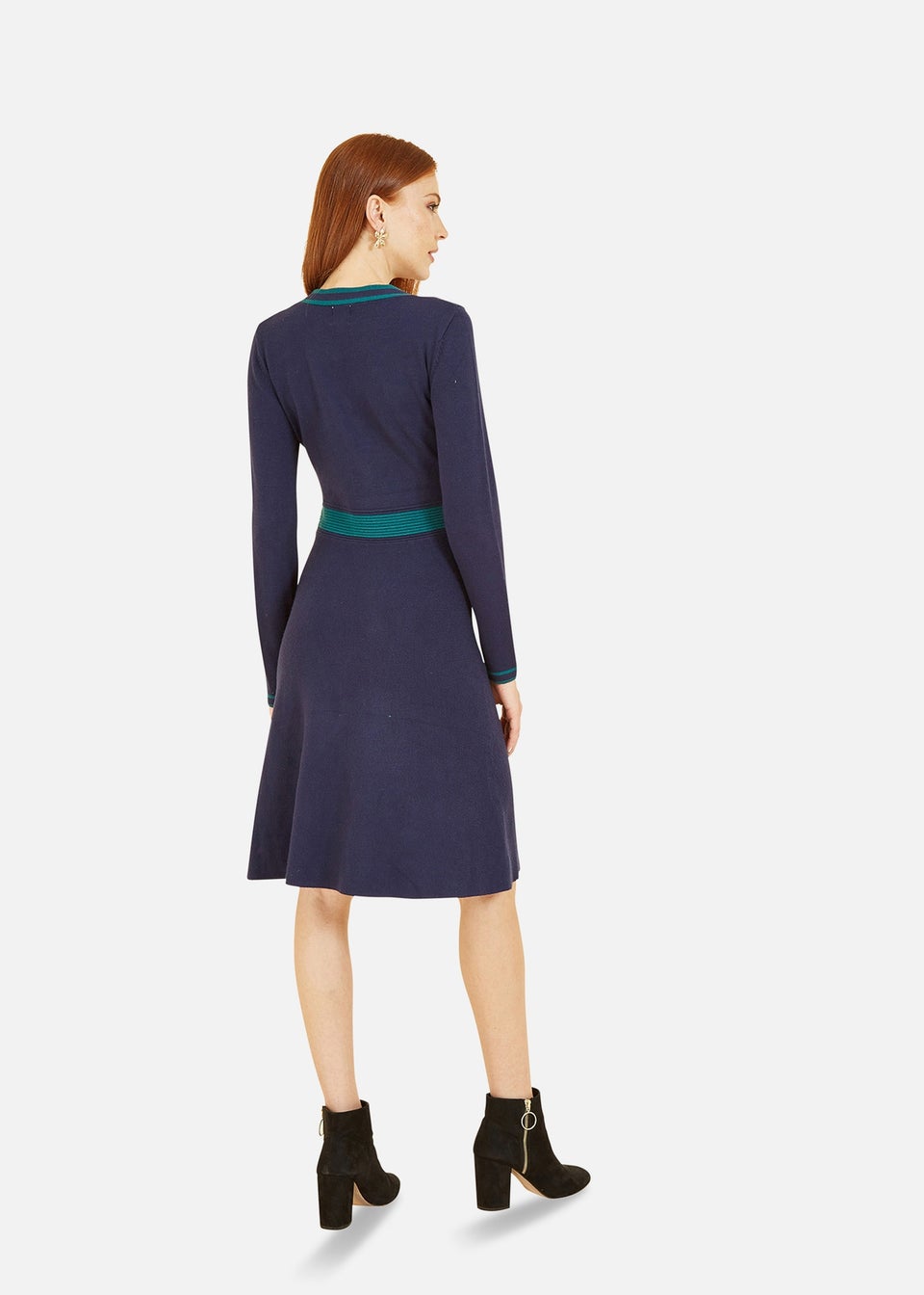 Yumi Navy Knitted Dress With Contrast Waistband and Button Detail