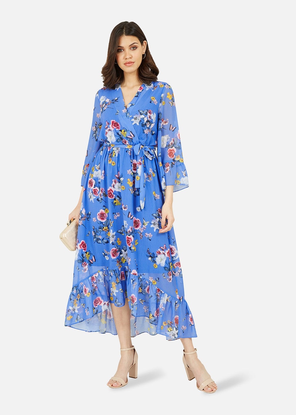 Yumi Blue Floral Butterfly Wrap High Low Dress