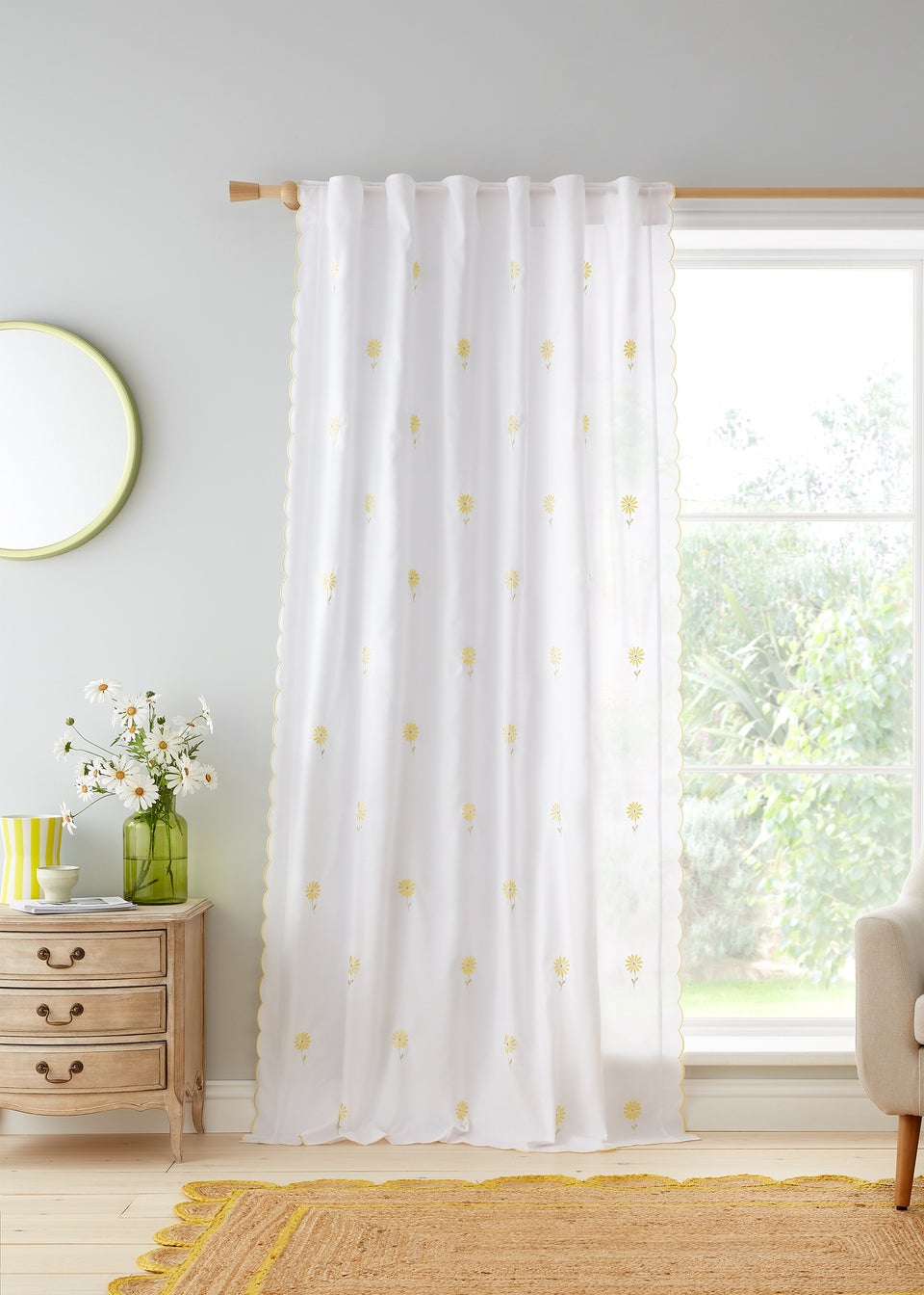 Catherine Lansfield Lorna Embroidered Daisy Slot Top Curtain Panel