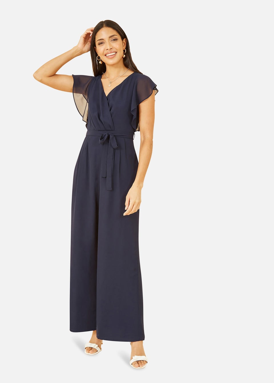 Yumi Navy Wrap Jumpsuit With Ruffle Sleeves