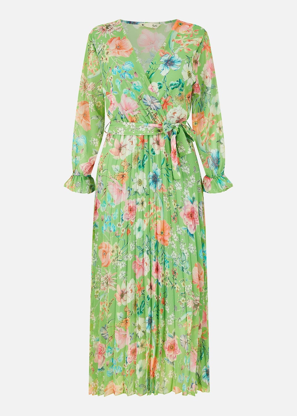 Yumi Green Floral Pleated Wrap Midi Dress