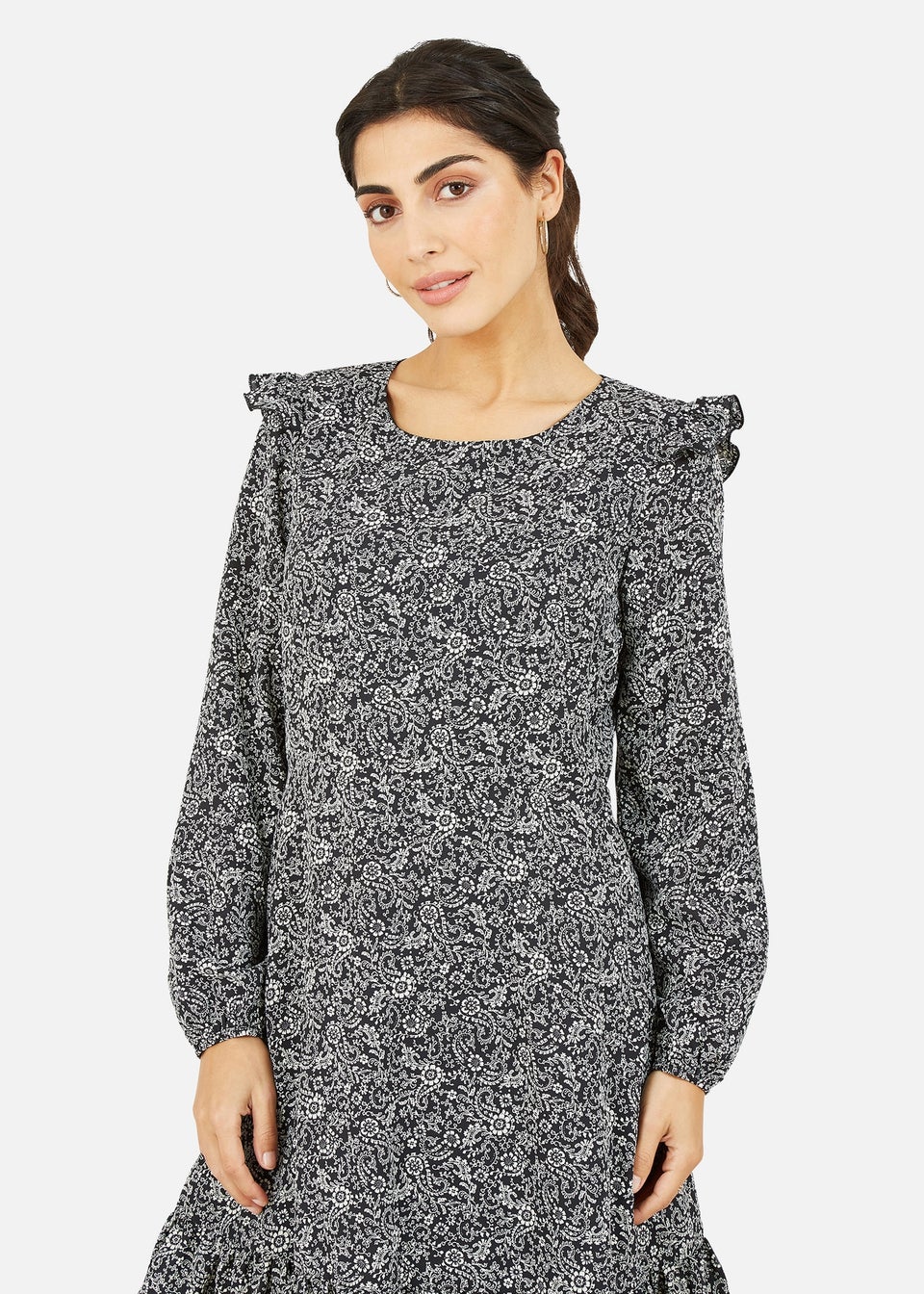 Mela Black Paisley Skater Dress With Frill Shoulders
