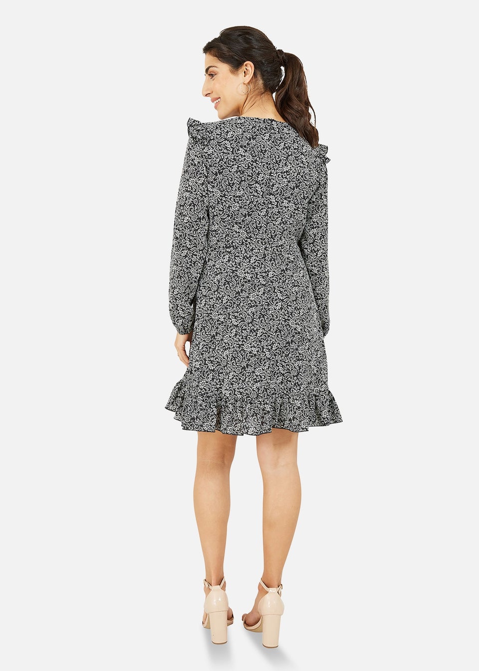 Mela Black Paisley Skater Dress With Frill Shoulders
