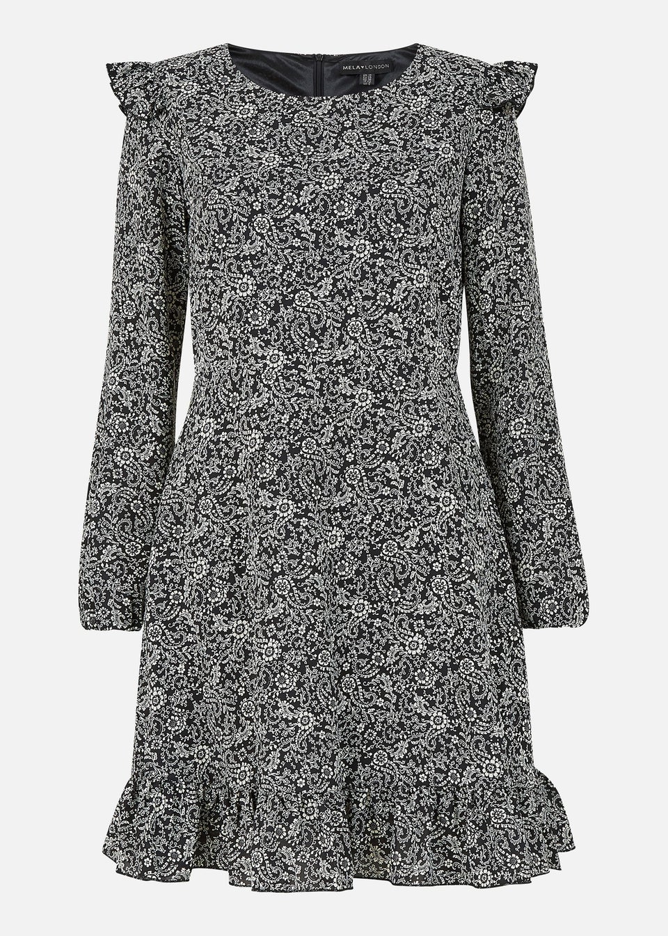 Mela Black Paisley Skater Dress With Frill Shoulders