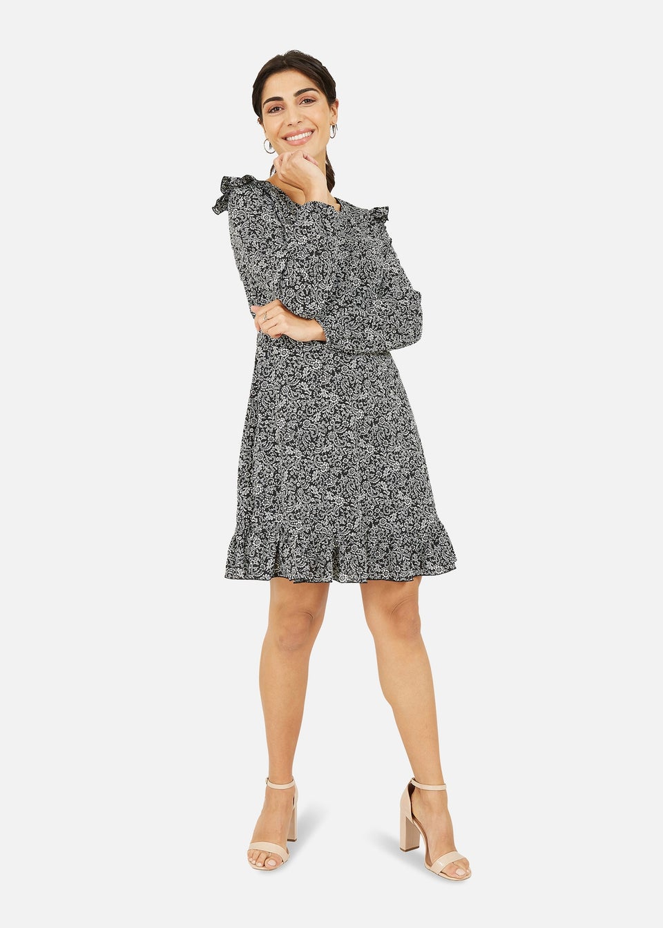 Mela Black Paisley Skater Dress With Frill Shoulders