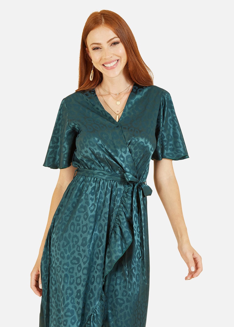 Mela Green Jacquard Leopard Print Wrap Midi Dress Matalan