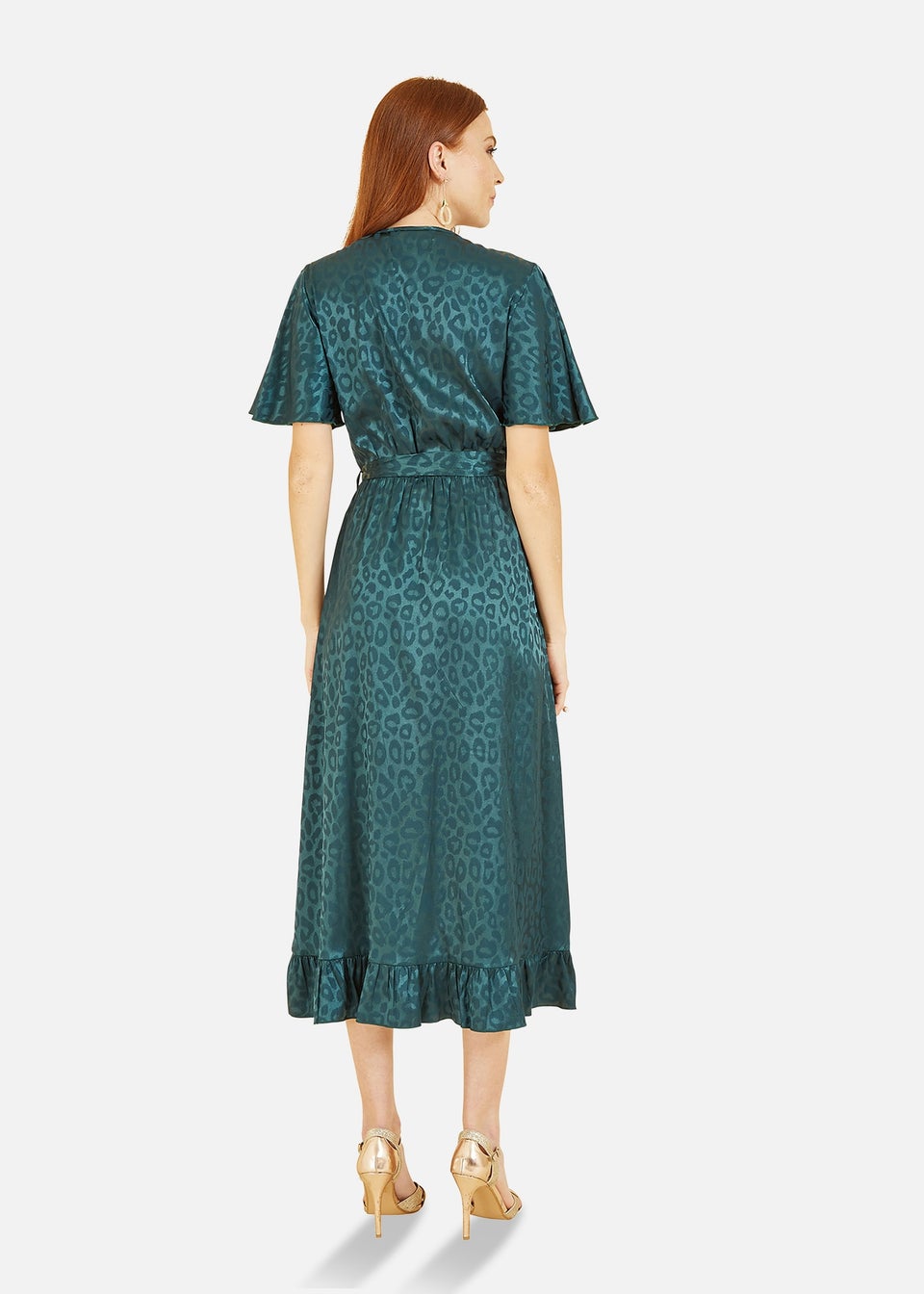 Mela Green Jacquard Leopard Print Wrap Midi Dress